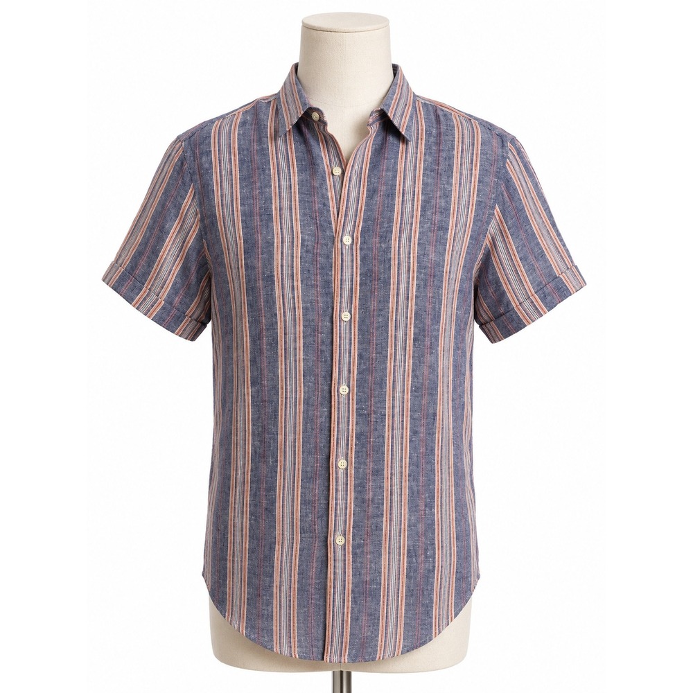 Perry Ellis Men Blue Orange Striped 100% Linen Short Sleeve Button Down Shirt M